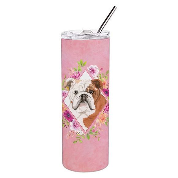 English Bulldog Pink Flowers Stainless Steel 20 oz Skinny Tumbler - Picture 1 of 4